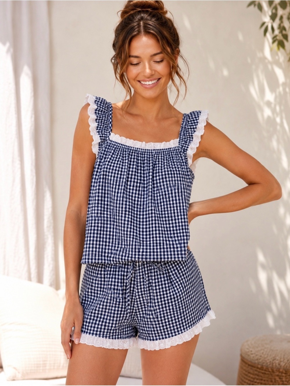 Caroline Constas Navy White Gingham Ruffle Pajama Set Size L NEW